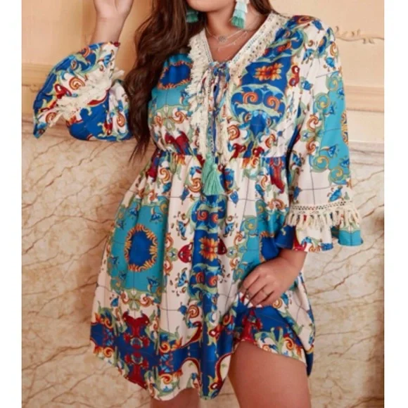 Boho floral print tassel mini dress